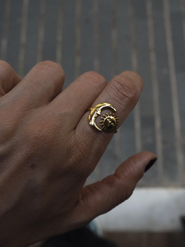 Anillo sol luna  - Acero dorado 304L baño oro 18k - Talla adaptable de 14 a 16