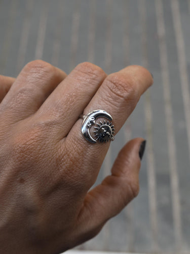 Anillo sol luna  - Acero plateado 304L baño plata - Talla adaptable de 14 a 16