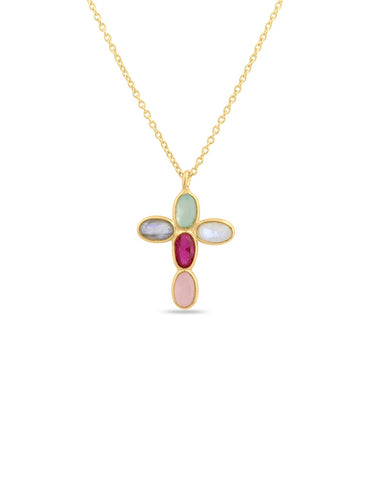 Collar cruz minerales colores - Plata 925 Baño oro 18K