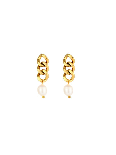 PENDIENTE ESLABÓN PERLA 44 mm - ACERO DORADO INOXIDABLE BAÑO ORO 24K