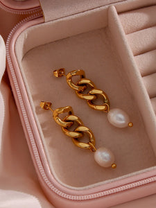 PENDIENTE ESLABÓN PERLA 44 mm - ACERO DORADO INOXIDABLE BAÑO ORO 24K