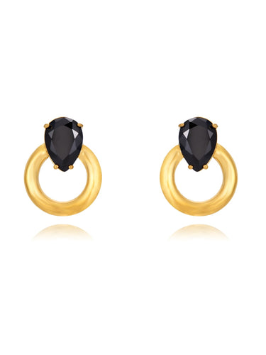 PENDIENTES CIRCONITA NEGRA 26MM - ACERO DORADO INOXIDABLE BAÑO ORO 24K