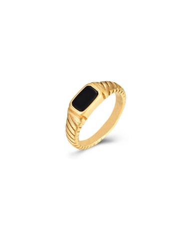 Anillo retro ónyx negro- Acero dorado 316L baño oro 18k - Talla 8,,10, 12, 14, 16 y 18